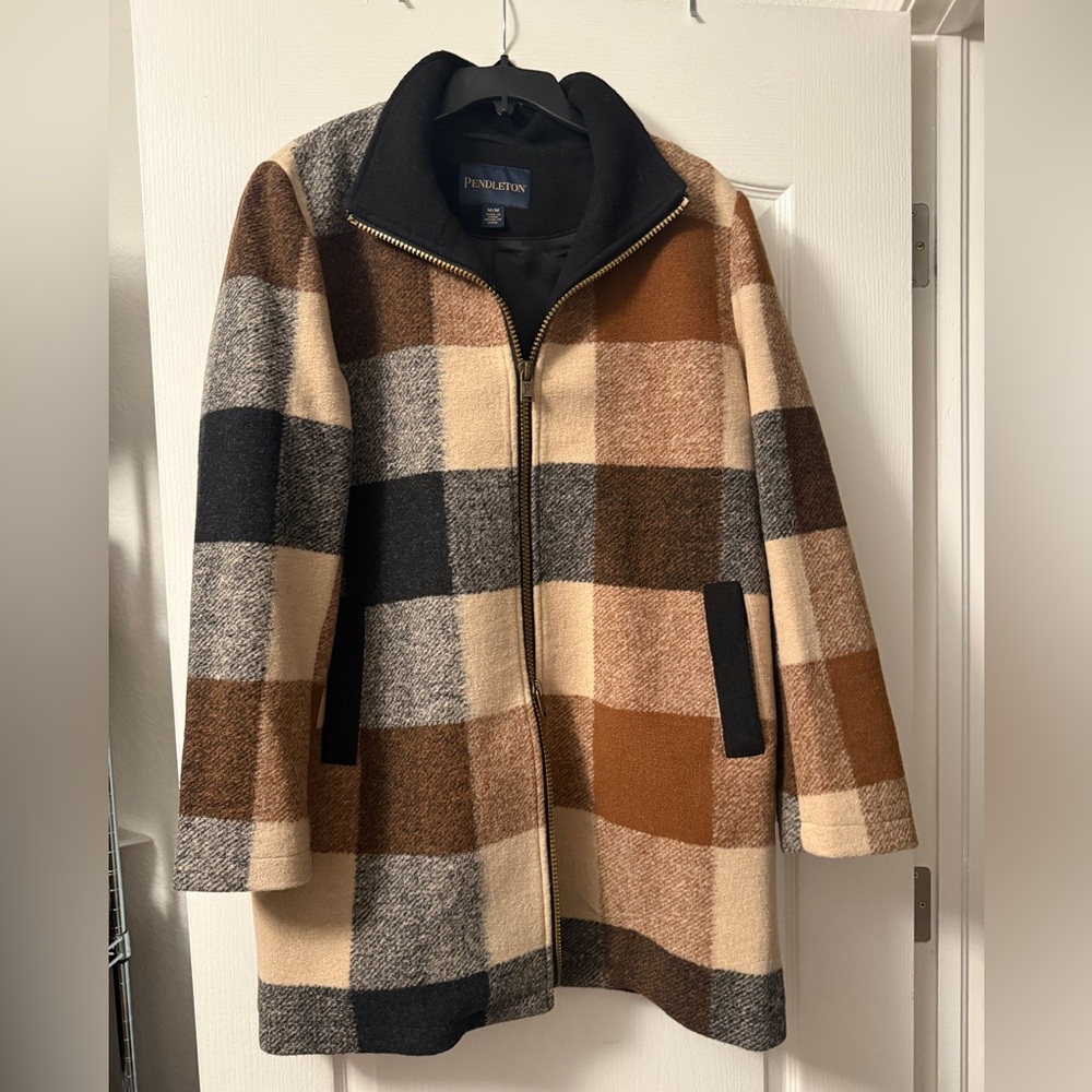 Pendleton women's Checkered Wool Pea Coat - Black, Brown, Cream